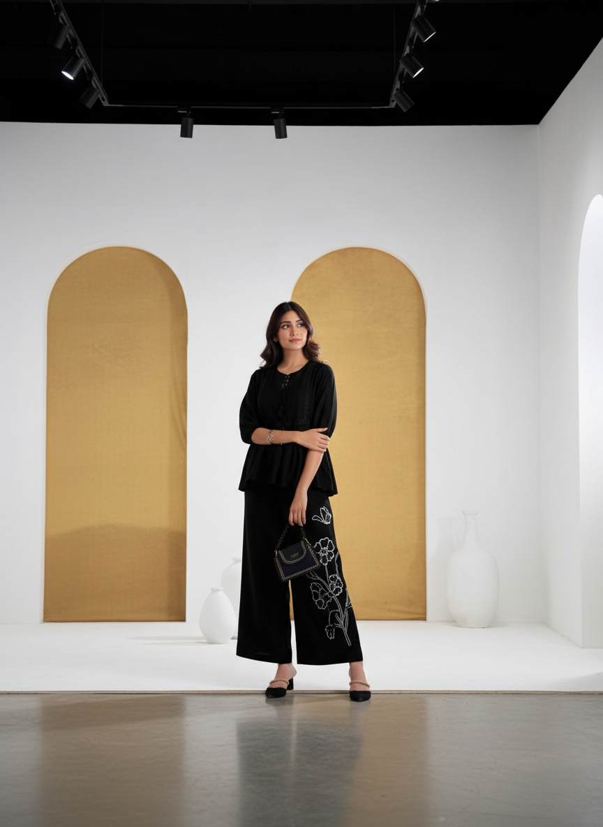 Nira Black Viscose Jacquard Co-Ord Set with Lace Detailing & Hand Bead Embellished Pants