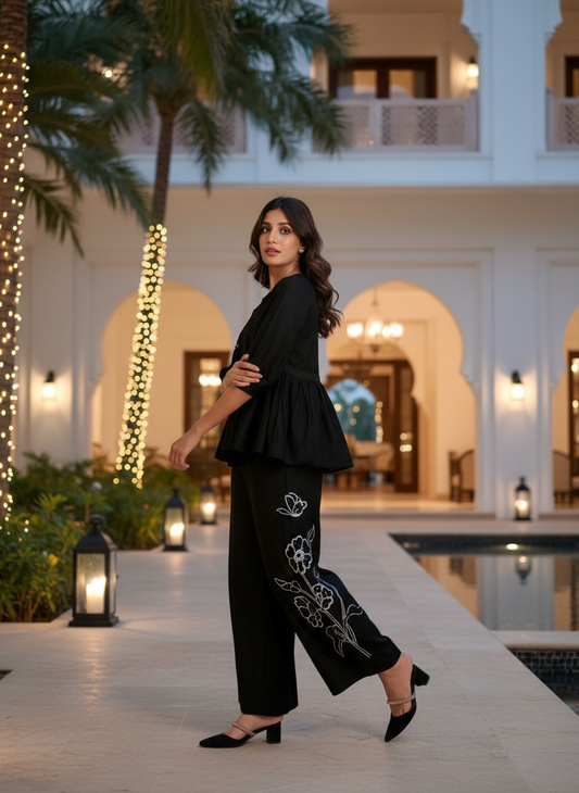 Nira Black Viscose Jacquard Co-Ord Set with Lace Detailing & Hand Bead Embellished Pants