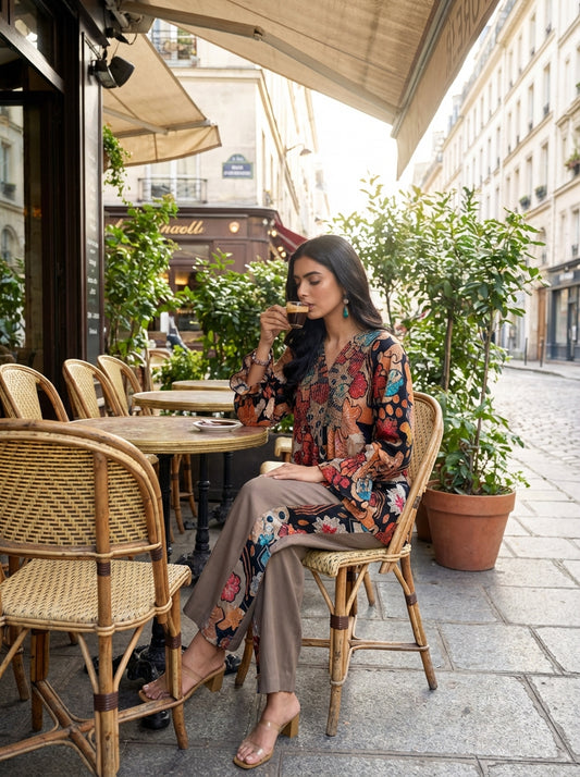 Ojasvi Black Modal Chanderi Floral Co-Ord Set with Thread Line Embroidery and Sequin Work Neckline