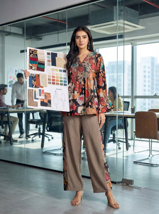 Ojasvi Black Modal Chanderi Floral Co-Ord Set with Thread Line Embroidery and Sequin Work Neckline