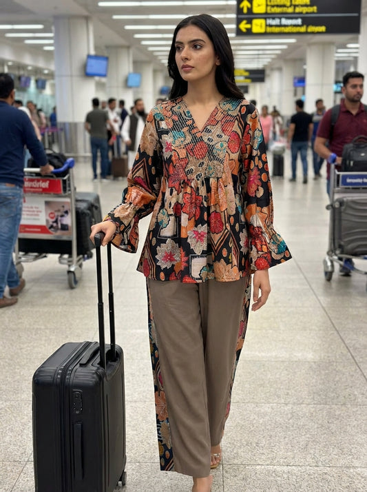 Ojasvi Black Modal Chanderi Floral Co-Ord Set with Thread Line Embroidery and Sequin Work Neckline