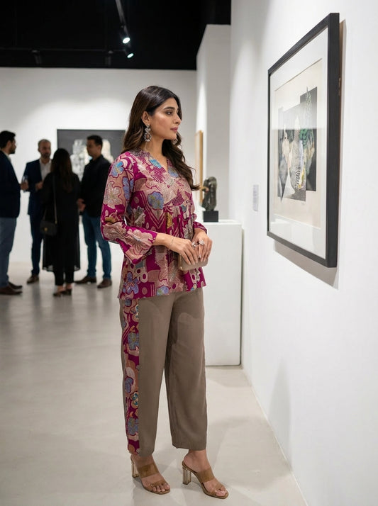 Ojasvi Red Modal Chanderi Floral Co-Ord Set with Thread Line Embroidery and Sequin Work Neckline