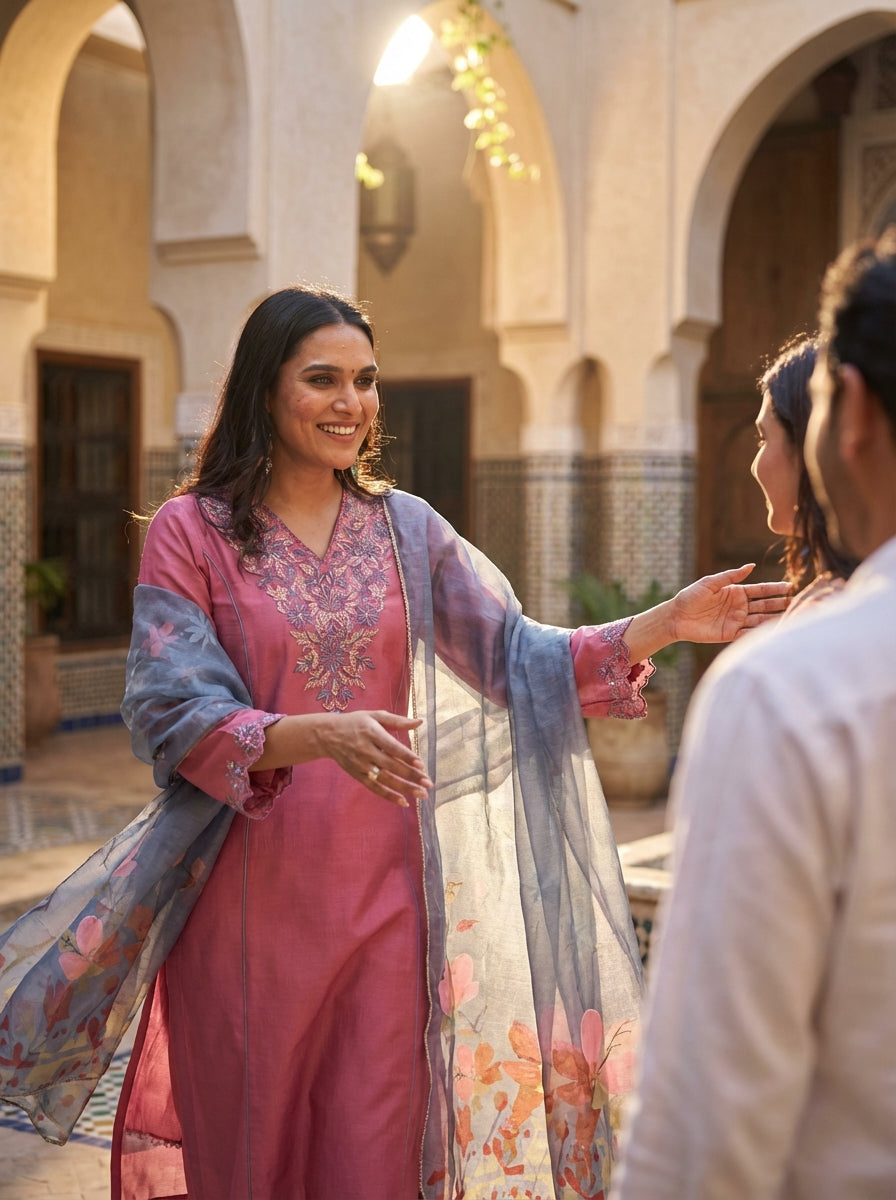 Kayra Blush Pink Hand Bead-Finished Embroidered A-Line Suit Set in Chinnon Silk with Pure Cotton Mul Lining