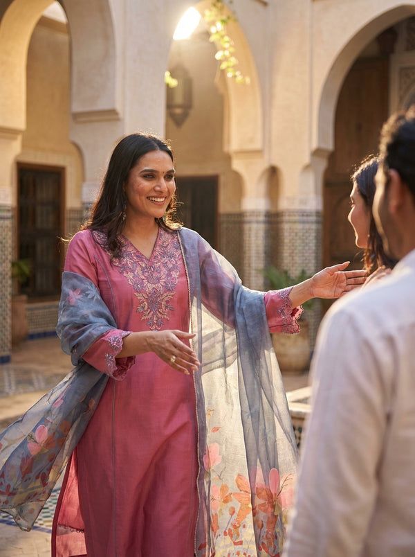 Kayra Blush Pink Hand Bead-Finished Embroidered A-Line Suit Set in Chinnon Silk with Pure Cotton Mul Lining