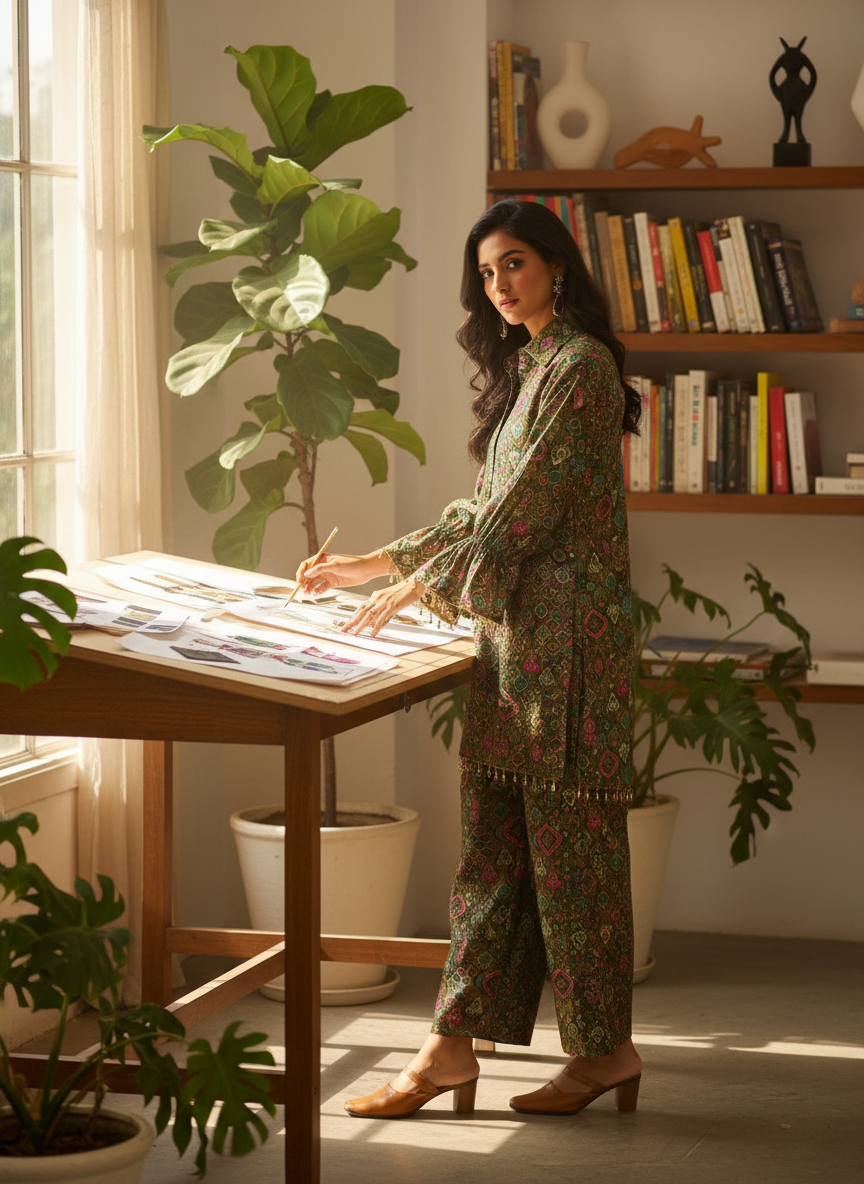 Pratiksha Olive Printed Modal Chanderi Co-Ord Set with Hand Embellished Mirror Placket and Pearl Drop Latkan Detailing