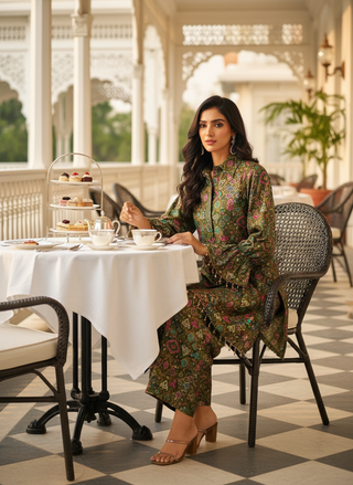 Pratiksha Olive Printed Modal Chanderi Co-Ord Set with Hand Embellished Mirror Placket and Pearl Drop Latkan Detailing