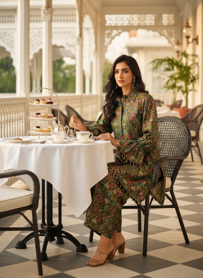 Pratiksha Olive Printed Modal Chanderi Co-Ord Set with Hand Embellished Mirror Placket and Pearl Drop Latkan Detailing