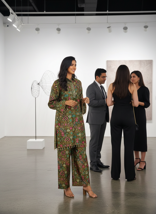 Pratiksha Olive Printed Modal Chanderi Co-Ord Set with Hand Embellished Mirror Placket and Pearl Drop Latkan Detailing