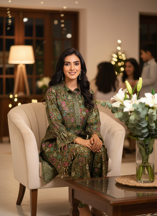 Pratiksha Olive Printed Modal Chanderi Co-Ord Set with Hand Embellished Mirror Placket and Pearl Drop Latkan Detailing