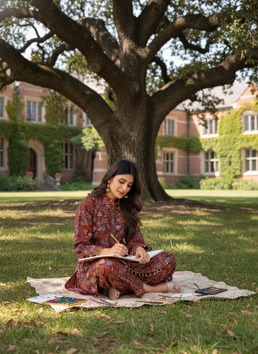 Pratiksha Red Printed Modal Chanderi Co-Ord Set with Hand Embellished Mirror Placket and Pearl Drop Latkan Detailing