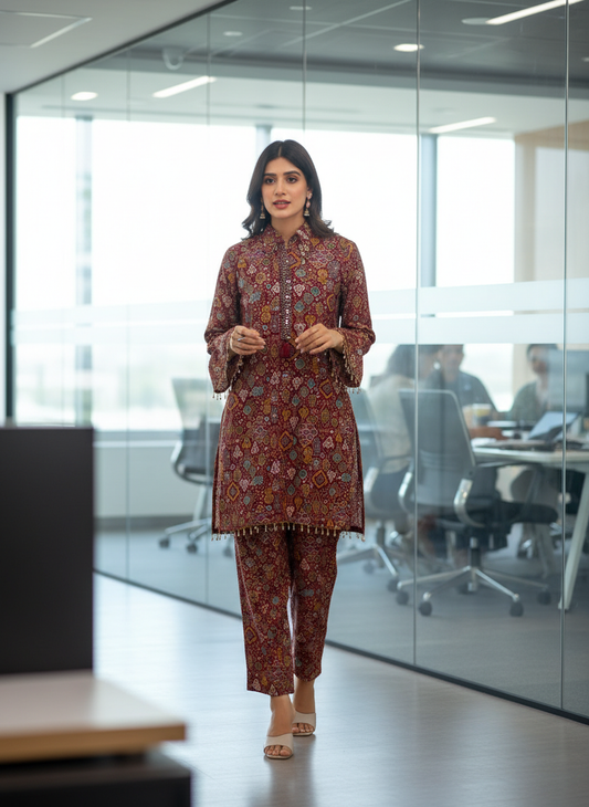 Pratiksha Red Printed Modal Chanderi Co-Ord Set with Hand Embellished Mirror Placket and Pearl Drop Latkan Detailing