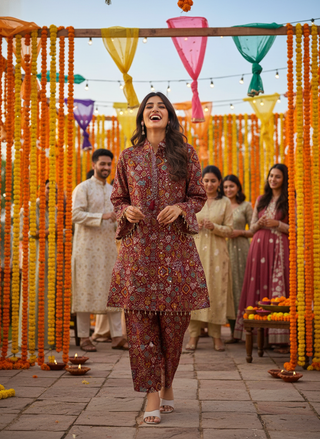 Pratiksha Red Printed Modal Chanderi Co-Ord Set with Hand Embellished Mirror Placket and Pearl Drop Latkan Detailing