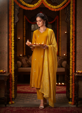 Preet Mustard Hand-Embellished Sequin Buti Kurta Set with Gota Patti Detailing & Dupatta in Chanderi Silk with Pure Cotton Mul Lining