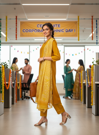 Preet Mustard Hand-Embellished Sequin Buti Kurta Set with Gota Patti Detailing & Dupatta in Chanderi Silk with Pure Cotton Mul Lining