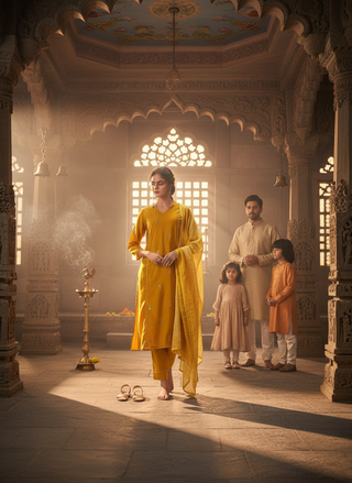 Preet Mustard Hand-Embellished Sequin Buti Kurta Set with Gota Patti Detailing & Dupatta in Chanderi Silk with Pure Cotton Mul Lining