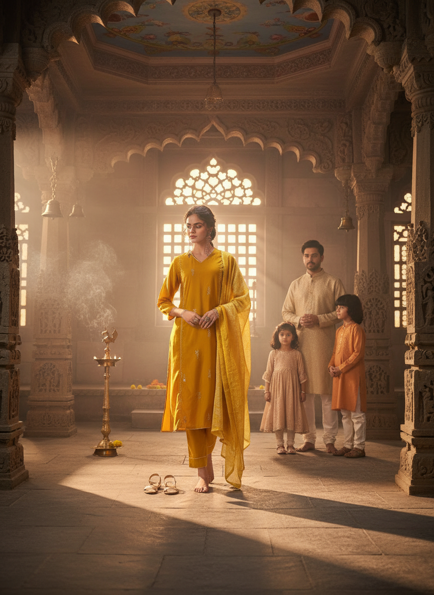 Preet Mustard Hand-Embellished Sequin Buti Kurta Set with Gota Patti Detailing & Dupatta in Chanderi Silk with Pure Cotton Mul Lining