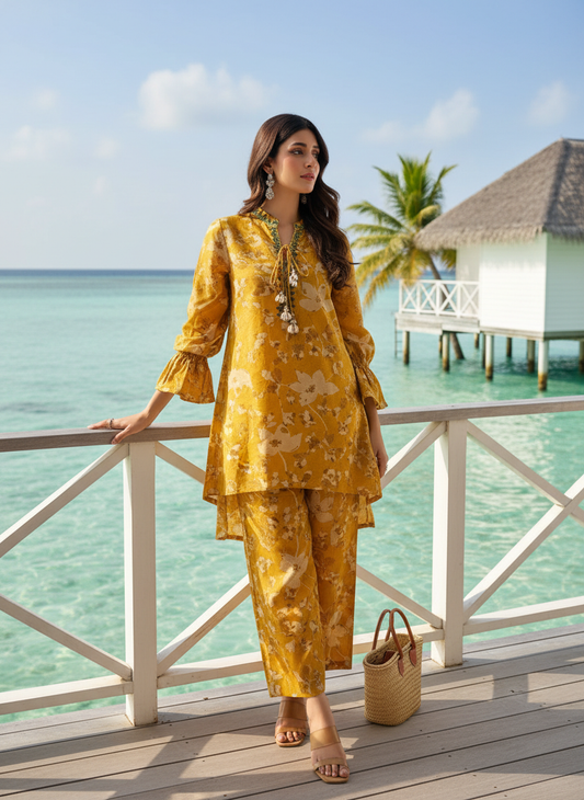 Preha Mustard Modal Chanderi Floral Co-Ord Set with Resham Embroidered Neckline and Shell Pearl Tassels