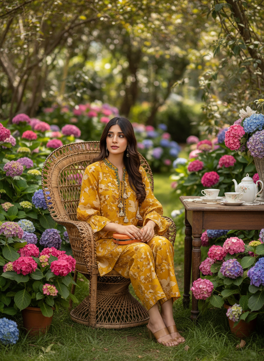 Preha Mustard Modal Chanderi Floral Co-Ord Set with Resham Embroidered Neckline and Shell Pearl Tassels