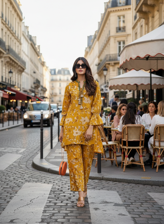 Preha Mustard Modal Chanderi Floral Co-Ord Set with Resham Embroidered Neckline and Shell Pearl Tassels