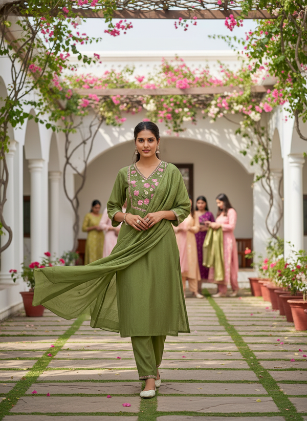 Preksha Olive Green Multi-Color Floral Embroidered Kurta Set with Hand Sequin Work & Sequin Dupatta in Chanderi Silk with Cotton Mul Lining