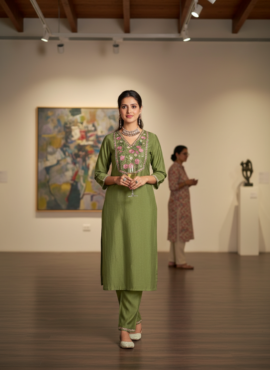 Preksha Olive Green Multi-Color Floral Embroidered Kurta Set with Hand Sequin Work & Sequin Dupatta in Chanderi Silk with Cotton Mul Lining
