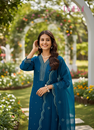 Ragini Teal Resham Thread & Sequin Embroidered Kurta Set with Sequin Dupatta in Chanderi Silk with Cotton Mul Lining