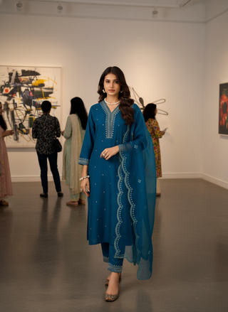 Ragini Teal Resham Thread & Sequin Embroidered Kurta Set with Sequin Dupatta in Chanderi Silk with Cotton Mul Lining