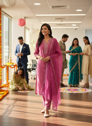 Ragini Pink Resham Thread & Sequin Embroidered Kurta Set with Sequin Dupatta in Chanderi Silk with Cotton Mul Lining