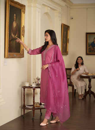 Ragini Pink Resham Thread & Sequin Embroidered Kurta Set with Sequin Dupatta in Chanderi Silk with Cotton Mul Lining