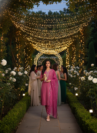 Ragini Pink Resham Thread & Sequin Embroidered Kurta Set with Sequin Dupatta in Chanderi Silk with Cotton Mul Lining