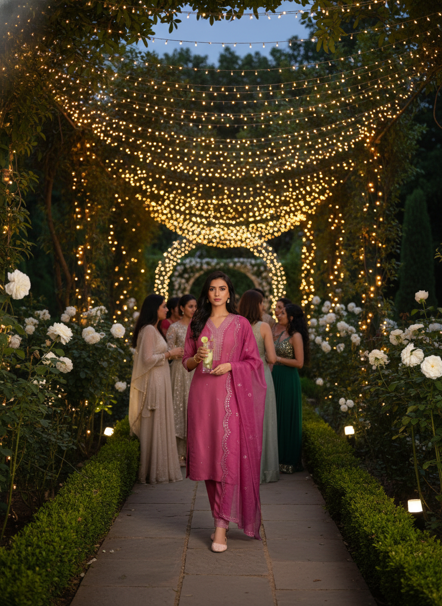 Ragini Pink Resham Thread & Sequin Embroidered Kurta Set with Sequin Dupatta in Chanderi Silk with Cotton Mul Lining