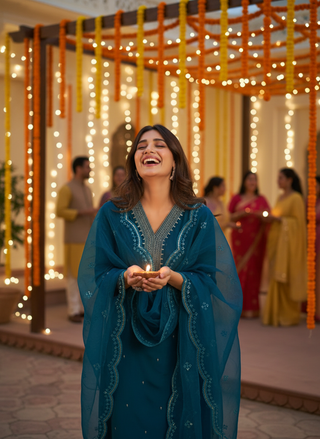 Ragini Teal Resham Thread & Sequin Embroidered Kurta Set with Sequin Dupatta in Chanderi Silk with Cotton Mul Lining