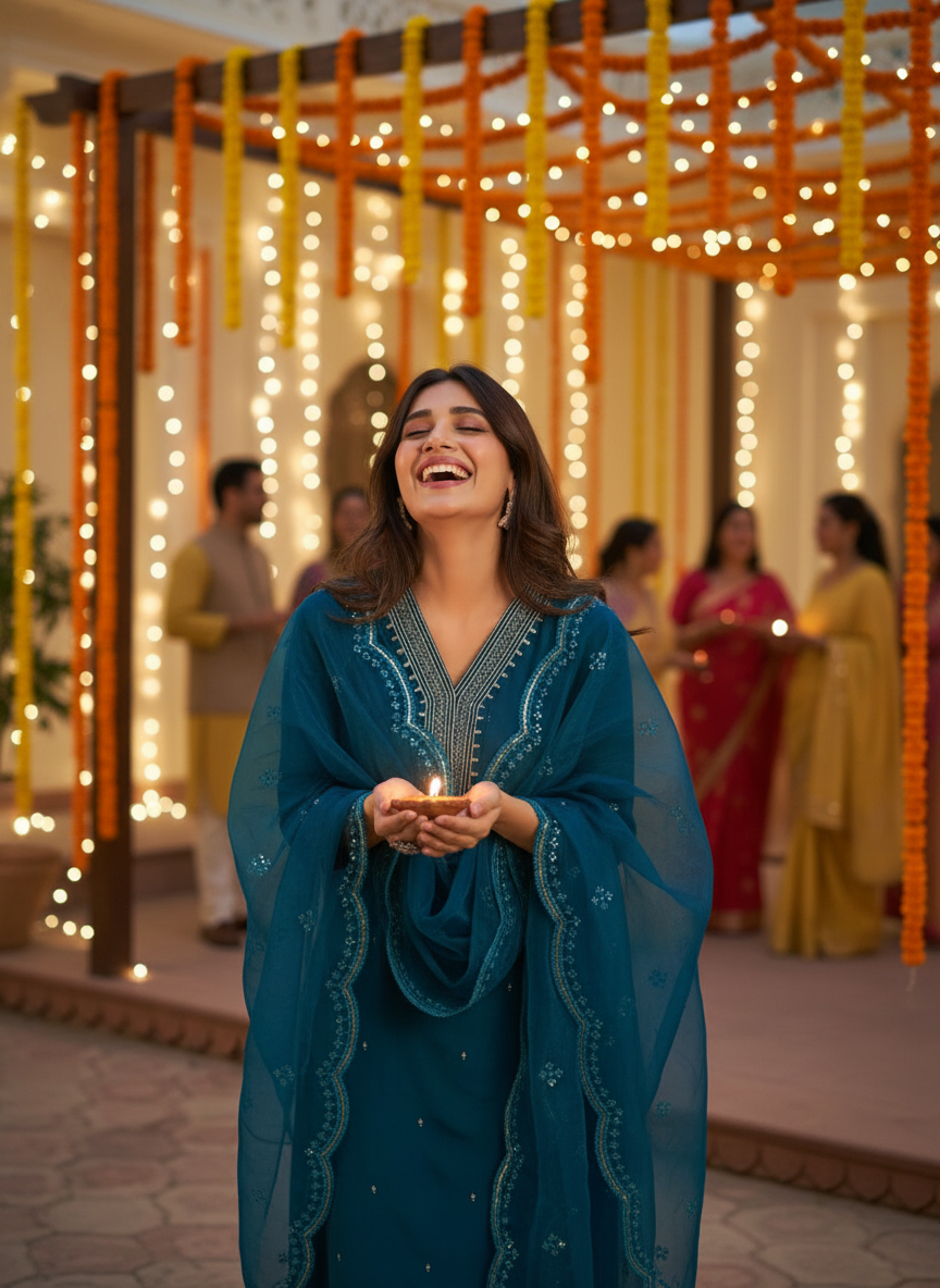 Ragini Teal Resham Thread & Sequin Embroidered Kurta Set with Sequin Dupatta in Chanderi Silk with Cotton Mul Lining