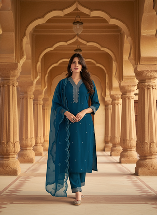 Ragini Teal Resham Thread & Sequin Embroidered Kurta Set with Sequin Dupatta in Chanderi Silk with Cotton Mul Lining