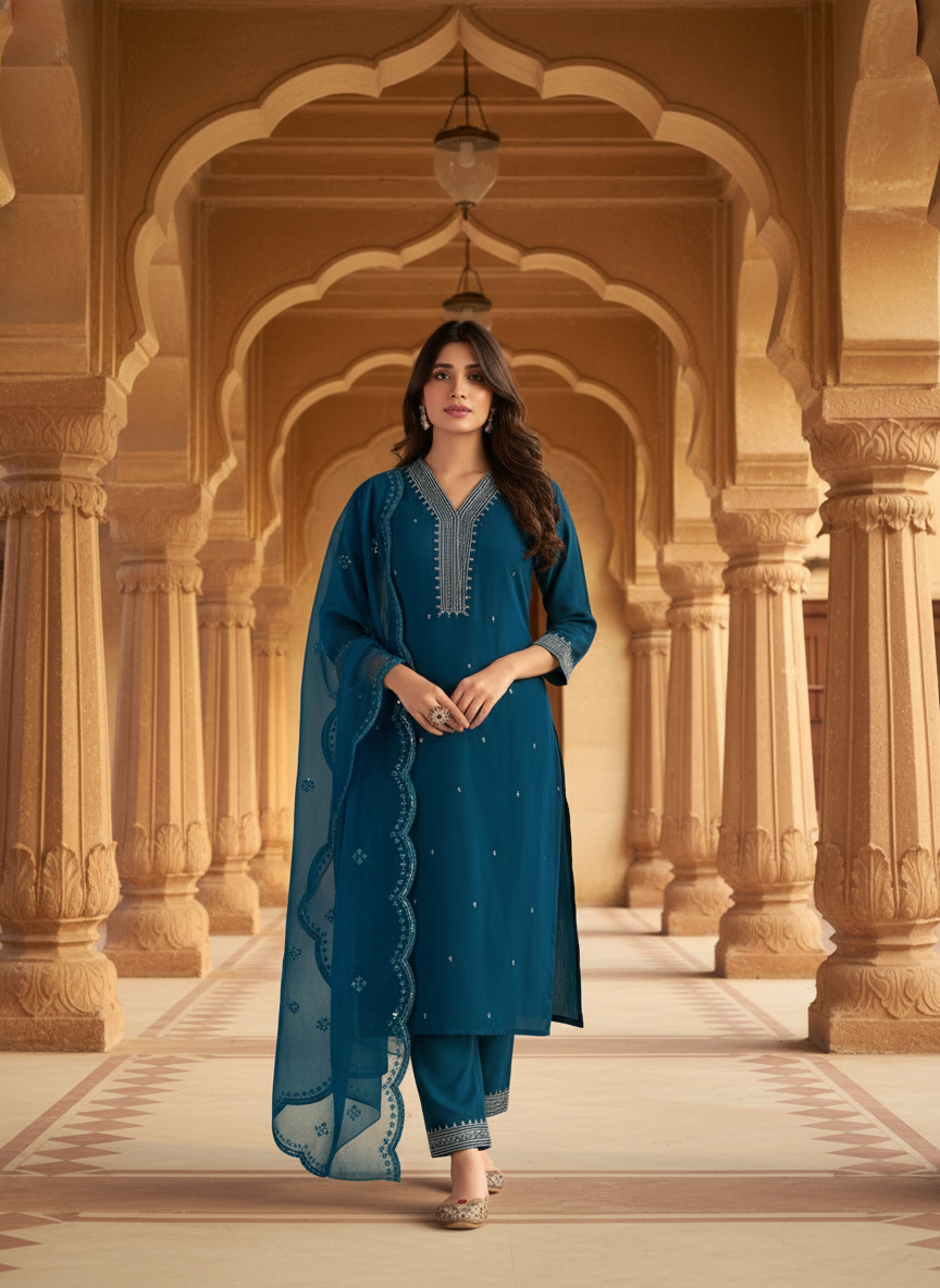 Ragini Teal Resham Thread & Sequin Embroidered Kurta Set with Sequin Dupatta in Chanderi Silk with Cotton Mul Lining