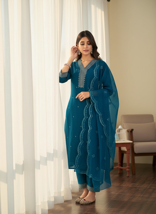 Ragini Teal Resham Thread & Sequin Embroidered Kurta Set with Sequin Dupatta in Chanderi Silk with Cotton Mul Lining