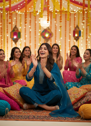 Ragini Teal Resham Thread & Sequin Embroidered Kurta Set with Sequin Dupatta in Chanderi Silk with Cotton Mul Lining