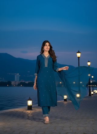 Ragini Teal Resham Thread & Sequin Embroidered Kurta Set with Sequin Dupatta in Chanderi Silk with Cotton Mul Lining