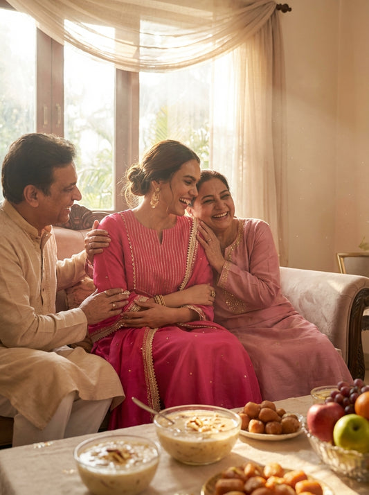 Raajvee Fuchsia Pure Silk A-Line Kurta Set with Cotton Mul Lining Featuring Hand Kantha-Inspired Thread Embroidery, Coin Sequin Accents and Zari Border Dupatta