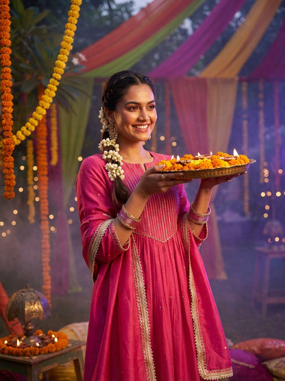 Raajvee Fuchsia Pure Silk A-Line Kurta Set with Cotton Mul Lining Featuring Hand Kantha-Inspired Thread Embroidery, Coin Sequin Accents and Zari Border Dupatta