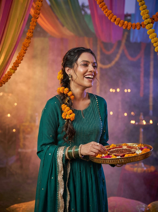 Raajvee Teal Pure Silk A-Line Kurta Set with Cotton Mul Lining Featuring Hand Kantha-Inspired Thread Embroidery, Coin Sequin Accents and Zari Border Dupatta