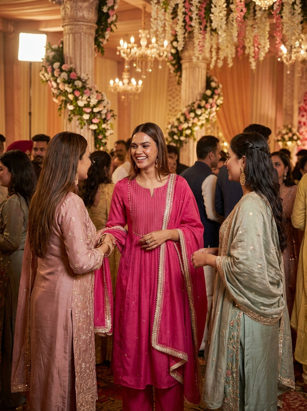 Raajvee Fuchsia Pure Silk A-Line Kurta Set with Cotton Mul Lining Featuring Hand Kantha-Inspired Thread Embroidery, Coin Sequin Accents and Zari Border Dupatta