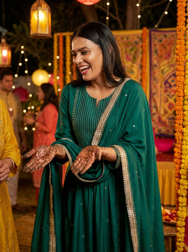 Raajvee Teal Pure Silk A-Line Kurta Set with Cotton Mul Lining Featuring Hand Kantha-Inspired Thread Embroidery, Coin Sequin Accents and Zari Border Dupatta