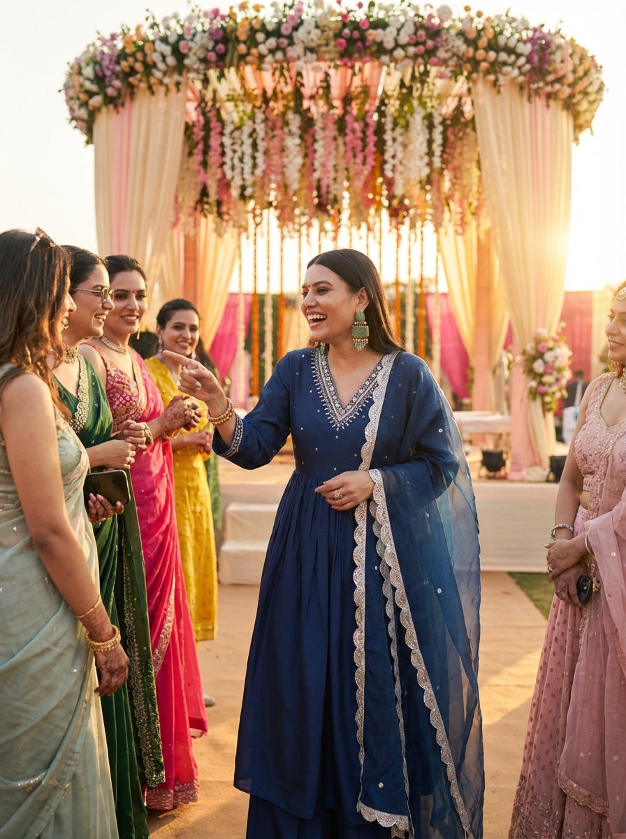 Raajvee Navy Pure Silk Kurta Set with Cotton Mul Lining Featuring Handcrafted Zari, Sequin, Pearl & Glass Bugle Embellished V-Neck with Organza Dupatta