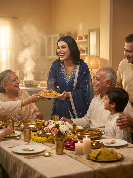 Raajvee Navy Pure Silk Kurta Set with Cotton Mul Lining Featuring Handcrafted Zari, Sequin, Pearl & Glass Bugle Embellished V-Neck with Organza Dupatta