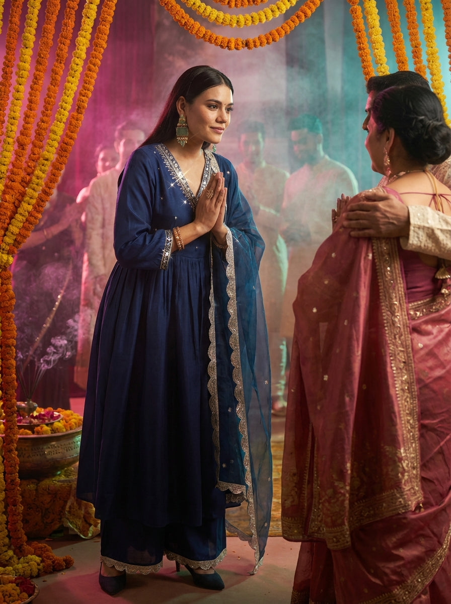 Raajvee Navy Pure Silk Kurta Set with Cotton Mul Lining Featuring Handcrafted Zari, Sequin, Pearl & Glass Bugle Embellished V-Neck with Organza Dupatta