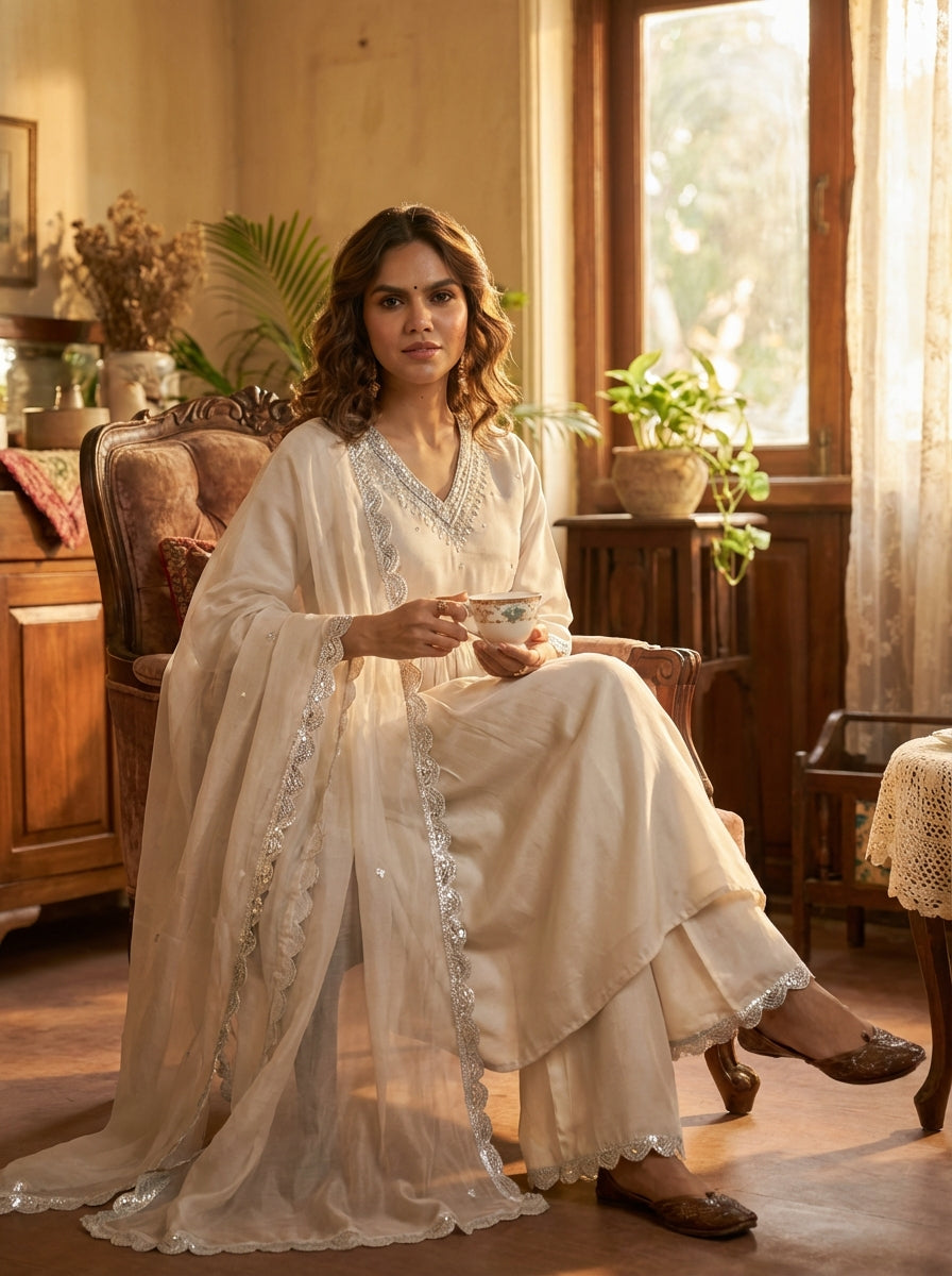Raajvee Ivory Pure Silk Kurta Set with Cotton Mul Lining Featuring Handcrafted Zari, Sequin, Pearl & Glass Bugle Embellished V-Neck with Organza Dupatta
