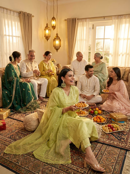 Raajvee Lime Green Pure Silk A-Line Kurta Set with Cotton Mul Lining Featuring Handcrafted Resham Thread Embroidery with Multicolour Sequin and Glass Bugle Embellishments and Coordinated Silk Dupatta