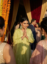 Raajvee Lime Green Pure Silk A-Line Kurta Set with Cotton Mul Lining Featuring Handcrafted Resham Thread Embroidery with Multicolour Sequin and Glass Bugle Embellishments and Coordinated Silk Dupatta