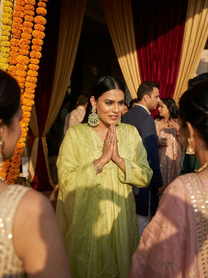 Raajvee Lime Green Pure Silk A-Line Kurta Set with Cotton Mul Lining Featuring Handcrafted Resham Thread Embroidery with Multicolour Sequin and Glass Bugle Embellishments and Coordinated Silk Dupatta